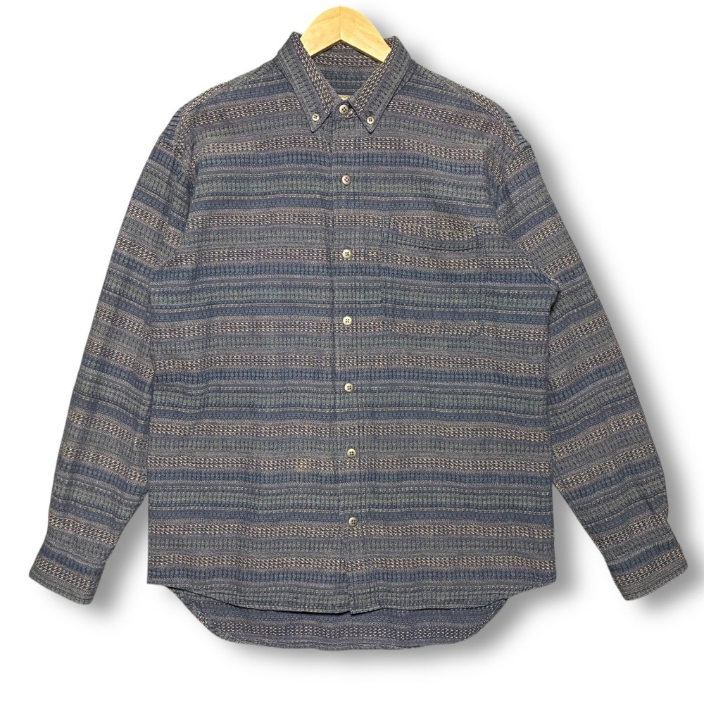 Vintage EMS Button Down Long Sleeve Textured Knit Stripe Casual Shirt Size Small